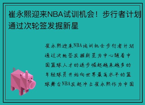 崔永熙迎来NBA试训机会！步行者计划通过次轮签发掘新星