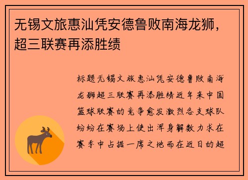 无锡文旅惠汕凭安德鲁败南海龙狮，超三联赛再添胜绩
