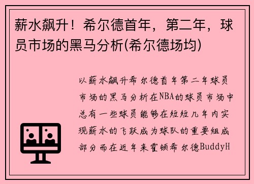 薪水飙升！希尔德首年，第二年，球员市场的黑马分析(希尔德场均)