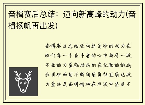 奋楫赛后总结：迈向新高峰的动力(奋楫扬帆再出发)