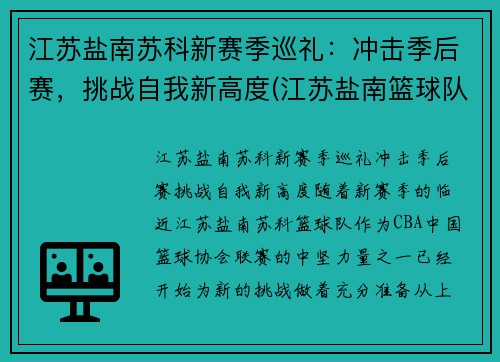 江苏盐南苏科新赛季巡礼：冲击季后赛，挑战自我新高度(江苏盐南篮球队队员名单)