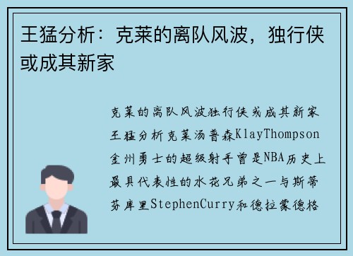 王猛分析：克莱的离队风波，独行侠或成其新家