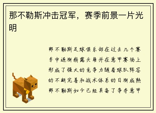 那不勒斯冲击冠军，赛季前景一片光明
