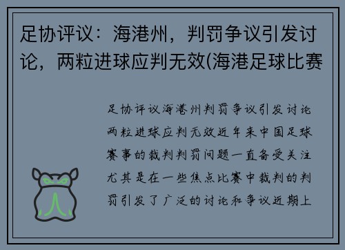 足协评议：海港州，判罚争议引发讨论，两粒进球应判无效(海港足球比赛直播)