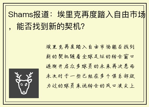 Shams报道：埃里克再度踏入自由市场，能否找到新的契机？